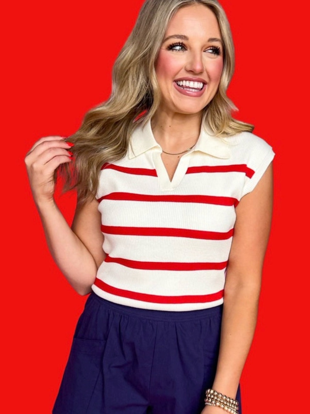 Double Zero Sleeveless Collared Knit Top in Ivory with Red Stripes